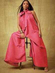 Vixey Solid Taffeta Bow Tie Halter Neck Wide Extreme Wide Leg Jumpsuit - Coral Pink - View 4