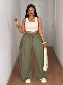 Maweii Plus Size Women Waist Tie Loose Wide Leg Cargo Pants - Army Green - View 6