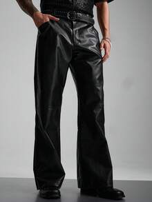 Zorclune Men's Loose Straight Casual Solid Color Leather Pants - Black - View 3