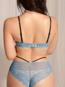 DelicateAllure 女士拼接蝴蝶结装饰文胸内裤套装，休闲日常内衣 - 藍色 - 查看 2