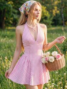 Sweetina Đầm nữ kẻ caro ngọt ngào, thắt eo, cổ yếm, thích hợp cho mùa hè. - Màu Hồng baby - Xem 8