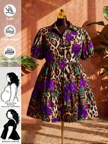 SHEIN CURVE+ Curve 尺码 US22 音乐节、海滨度假、波西米亚风女式花卉豹纹短款泡泡袖单排扣时尚衬衫裙 - 紫色 - 查看 1