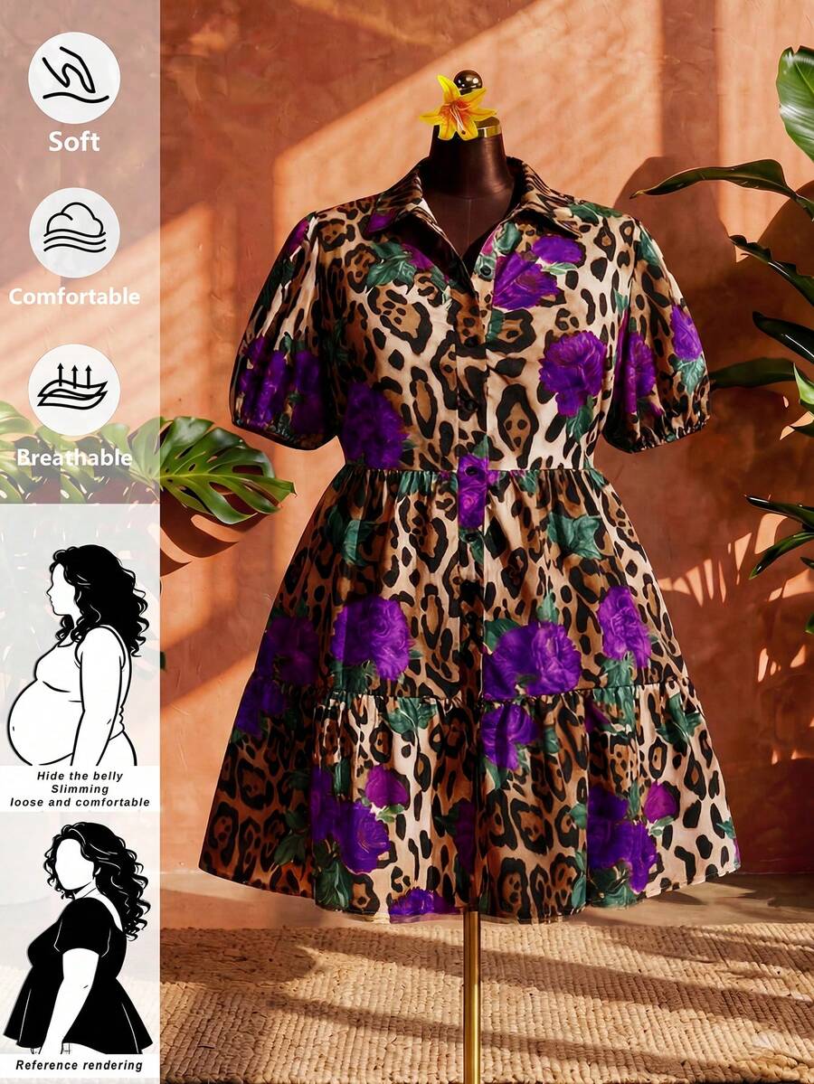 SHEIN CURVE+ Curve 尺码 US22 音乐节、海滨度假、波西米亚风女式花卉豹纹短款泡泡袖单排扣时尚衬衫裙 - 紫色 - 查看 1