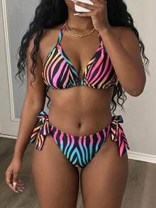 Maweii Plus Size Contrasting Zebra Print Halter Cami Strap Fashion Summer Bikini Set Set Vacation - Multicolor - View 3