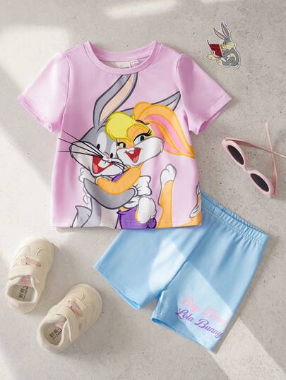 LOONEY TUNES X SHEIN 女婴卡通印花圆领短袖T恤和字母印花短裤套装