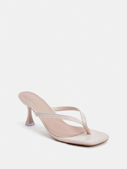 Glitzique Women High Heel Sandals, Beige Summer Fashion Thong Slippers, Sexy Elegant Kitten Heel Formal Party Shoes, Classic Minimalist Striped Strap Design Ladies Stiletto Sandals, Suitable For Dresses, Daily Wear, Back To School