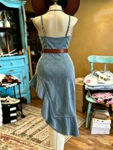 NostaNoir Vestido de mezclilla con escote en V asimétrico y tirantes finos para mujer - Azul - Ver 2