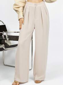 PRISCILA ESCOTO PRISCILA ESCOTO Summer High-Waisted Pants Multi-Piece Set, Wide Leg Pants High Waist Fold Pleated Wide Leg Pants, Pants, Loose Fit, Long Pants - Apricot - View 4