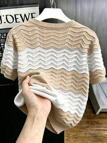 EGENSIO Men's Contrast Color Round Neck Short Sleeve Casual Knit Top - Khaki - View 2