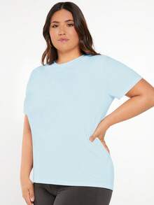SHEIN BASICS 大码女式纯色圆领短袖休闲T恤 - 淺藍色 - 查看 5