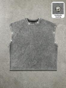 Manfinity EMRG Men's Casual Streetwear Loose Sleeveless Top, Street Style With Handcrafted Rhinestone Embellishment Rave Grey Summer - Grey - View 5