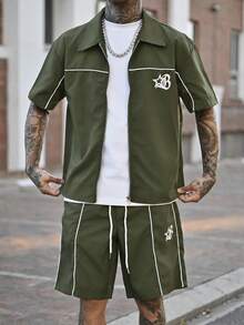 Devon Thys 2件套男士休闲拉链短袖衬衫和抽绳短裤套装 - 軍綠色 - 查看 3
