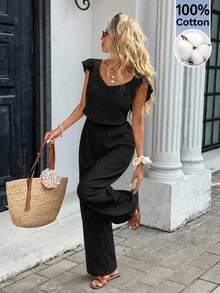 Serisse Women's Solid Color Contrast Lace Twist Back Cap Sleeve Jumpsuit - Black - View 5