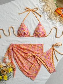 Swim Mod Women's Sweet Floral Halter Bikini Top And Tie Side Sarong Skirt Swimwear Set, Suitable For Spring/Summer Beach Vacation, Beach Outfit For Women Summer Swimwear, Bathing Suits For Women Summer, Bikini Set For Women, Bikinis Set For Women Holiday - Multicolor - View 5