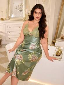 MuseNap CURVE 1pc Women's Plus Size Sexy Satin Slip Dress, Elegant Green Floral Print, Lace Trim, Suitable For All Seasons - Green - View 6