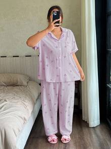 Napfluff CURVE Napfluff CURVE Plus Size Ruffled Collar Open Front Bow Striped Print Short Sleeve Pajama Set - Mauve Purple - View 5