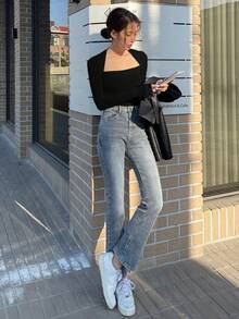 DAZY Women's Swan Neck Long Sleeve T-Shirt,Fall Clothes Going Out Tops - Black - View 5