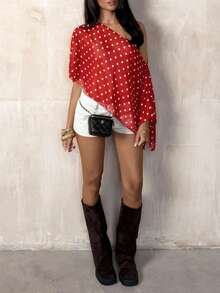 TRNVIE Blusa asimétrica de hombro de malla con lunares negros para mujer, primavera/verano - Rojo - Ver 6