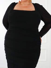 Pretty and Ole Plus Size Fall Black Mutton Sleeve Mesh Gathered Square Collar Elegant Commuter Long Dress - Black - View 3
