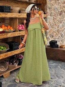Weeklong Vestido de tirantes finos de unicolor minimalista para vacaciones de verano para mujer de talla grande - Limelight Green - Ver 5
