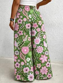 Linhara CURVE Colorful Floral Print Plus Size Wide Leg Pants - Green - View 2