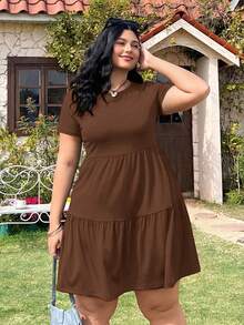 Solflare Black Short Sleeve Loose Fit Plus Size T-Shirt Dress, Spring Summer Clothes - Coffee Brown - View 5