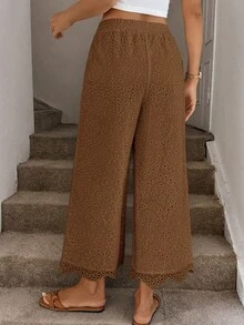 Easowa Women's Casual Eyelet Embroidery Cropped Pants, Suitable For Vacation Outdoor, Autumn Vacation Brown - Khaki - View 2