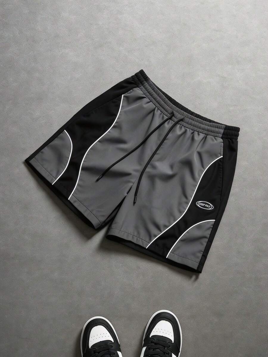 Manfinity EMRG Quần short nam in chữ phối màu - Màu xám đen - Xem 1