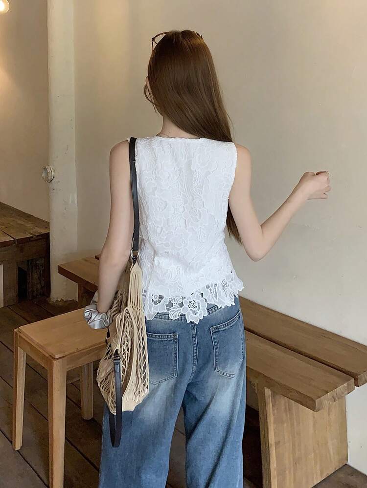 Solid Color Textured Lace Fitted V-Neck Sleeveless Vest, Elegant Summer Ladies Waistcoat