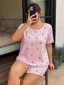 Napfluff CURVE Napfluff CURVE Plus Size Women's Round Neck Ruffle Trim Pink Striped Cherry Print Rib Knit Short Sleeve Top And Shorts, Romantic Sleepwear 2-Piece Set For Daily Wear - Pink - View 6