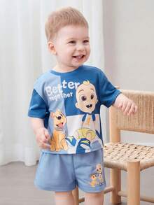 CoComelon X SHEIN Baby Boy Summer Casual Contrast Color Cartoon Print Round Neck Short Sleeve T-Shirt And Shorts Set - Blue - View 5