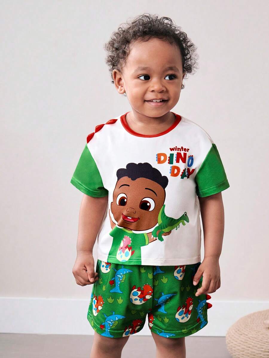 CoComelon X SHEIN Cartoon Print Short Sleeve T-Shirt And Shorts Pajama Set For Baby Boy - Multicolor - View 1