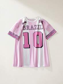 Maija Kids Maija Kids 女童数字条纹印花圆领短袖休闲连衣裙 - 粉色 - 查看 1