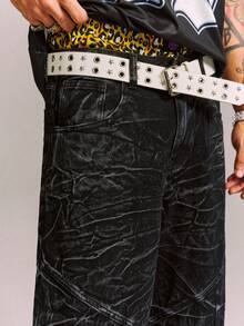 CRAVYNX Pleated Design Distressed Washed Black Denim Wide Leg Hiphop Jeans - Black - View 5