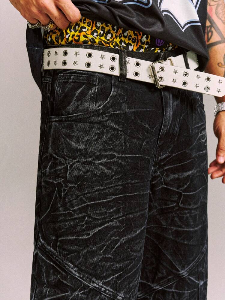 CRAVYNX Pleated Design Distressed Washed Black Denim Wide Leg
