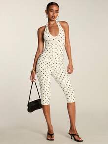 SHEIN BAE Women's Polka Dot Print Fitted Sexy Halter Neck Camisole - Black and White - View 4
