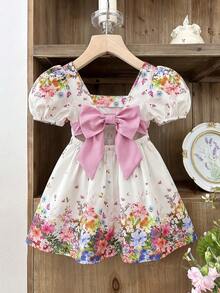 SHEIN Baby Girl Woven Ditsy Floral Square Collar Petal Sleeve Casual Cute Big Bow Decor Dress - Multicolor - View 5