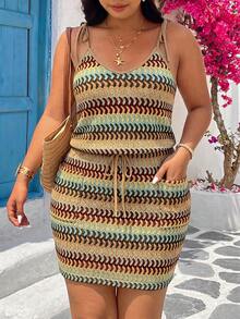 SHEIN VCAY Plus Size Women Vacation Striped Waist Tie Casual Slip Dress - Multicolor - View 1