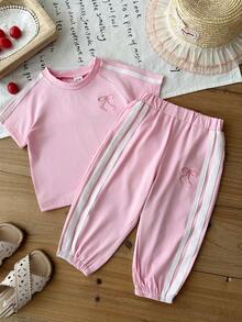 SHEIN 女嬰 2件/套 粉色條紋春季套裝 可愛夏季度假運動日常 寬鬆刺繡套裝 短澎澎袖上衣&條紋長褲 - 粉色 - 查看 5