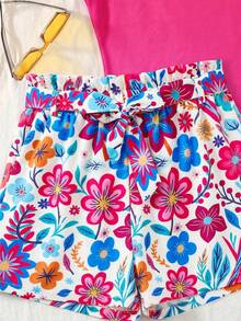 SHEIN TEENGIRL Orange Tank Top With Colorful Leaf Print & Loose Shorts Set, Vacation Style Suitable For Summer - Multicolor - View 5