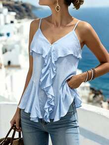 Modelyn Ruffled Light Blue Camisole Shirt, Spring/Summer Vacation Elegant - Blue - View 4