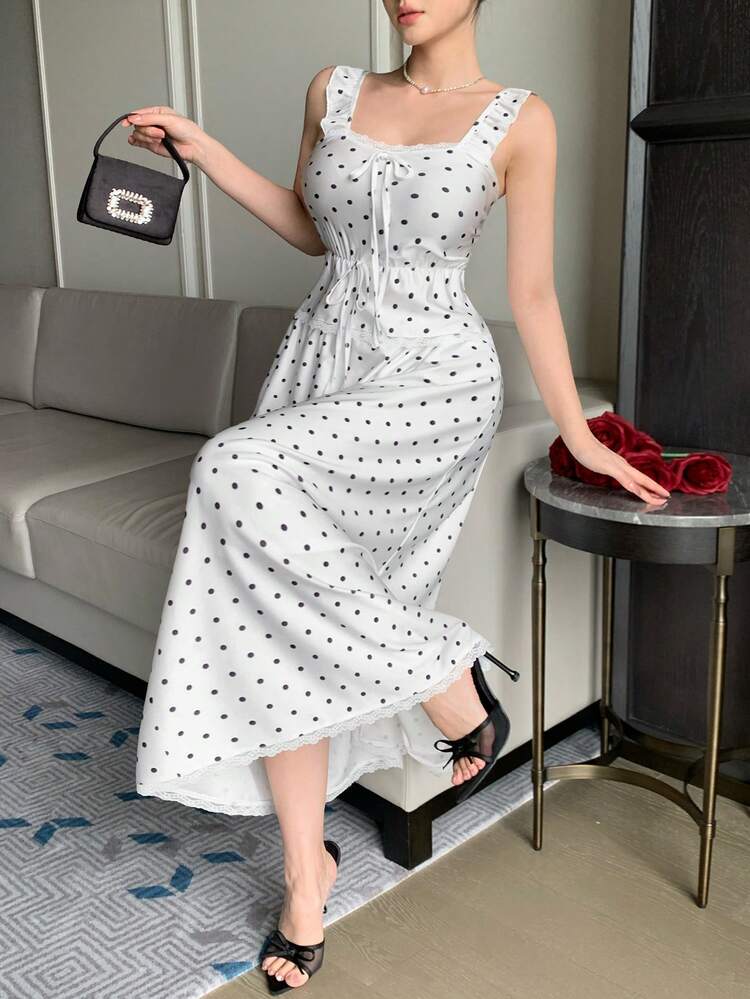 Spring & Summer French Sweet Polka Dot Square Neck Tie Blouse And Low-Waist Skirt 2-Piece Set, Fashionable Sexy Lady Summer Outfit