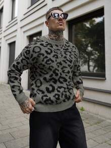Artur Kramer Serie Blanca Yue Otoño/Invierno: Suéter de cuello redondo de punto retro para hombre con estampado de leopardo, textura de cepillado de color contrastante, estilo casual, moda urbana, adecuado para Navidad, Año Nuevo, manga larga - Gris Oscuro - Ver 6