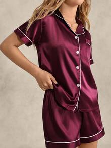 EverLounge Conjunto de pijama cómodo con ribete de bloques de color, ropa de otoño e invierno - Burdeos - Ver 6