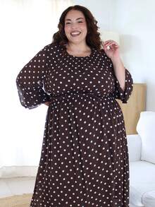 Pretty and Ole Plus Size Women Polka Dot Print Round Neck Lantern Sleeve Casual Dress For Spring, Spring Outfits Dress For Women Elegant Vacation - Coffee Brown - View 4