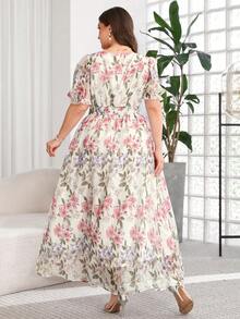 Reflora Gaun Ukuran Besar Elegan Motif Bunga Lengan Mengembang dengan Korset di Pinggang, Musim Panas - MultiWarna - View 3