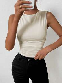 Femesol Women's Summer Solid Color Crew Neck Pleated Fitted Camisole - Beige - View 5