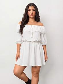 Enliva Vestido Blanco Talla Grande con Hombros Descubiertos, Volantes, Ajuste Holgado y Manga Corta, Para Body Forma de Manzana y Redondeado - Blanco - Ver 5