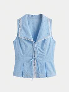 lacRébo Light Blue Floral Embroidered Peplum Top Wide Collar Lace Trim Summer Cottage Core Romantic Picnic Holiday Casual Vintage Fitted Sleeveless Vacation - Blue - View 8
