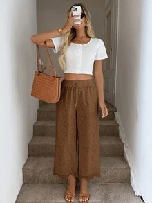Easowa Women's Casual Eyelet Embroidery Cropped Pants, Suitable For Vacation Outdoor, Autumn Vacation Brown - Khaki - View 4